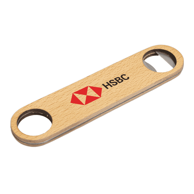 A drink bottle opener made of bamboo with a metal opening, featuring a logo on one side.