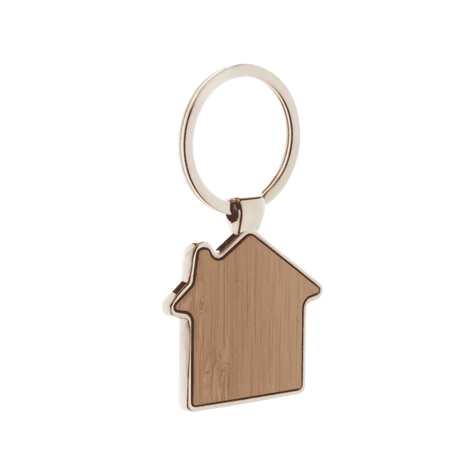 A bamboo keyring in the shape of a house, featuring a metal ring and a natural wood finish.