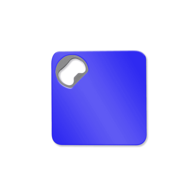 A drink bottle opener designed as a square coaster, featuring a vibrant blue colour with a metal opener.