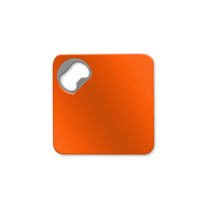 An orange square coaster with a built-in bottle opener in one corner. It features a logo.