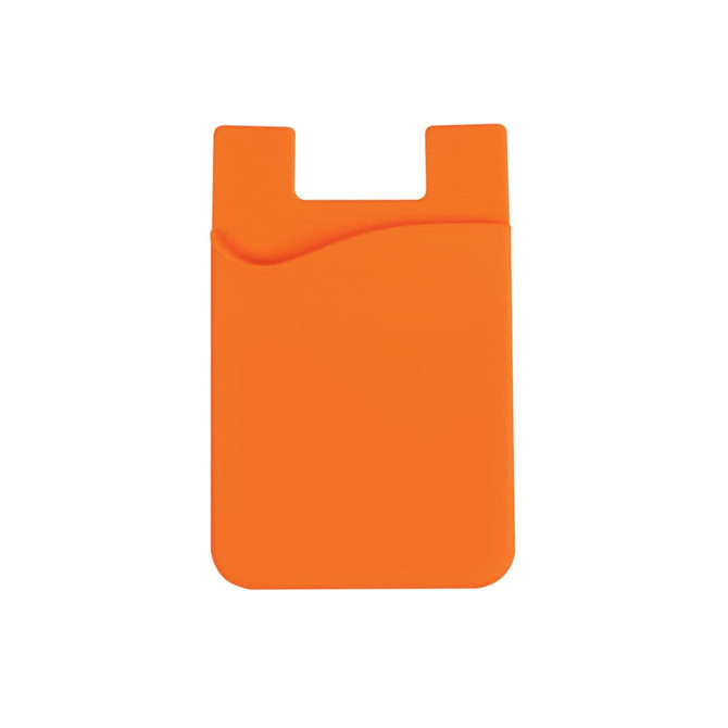 An orange wavy silicone phone wallet with a slot for cards and a cut-out design at the top. It has a logo.