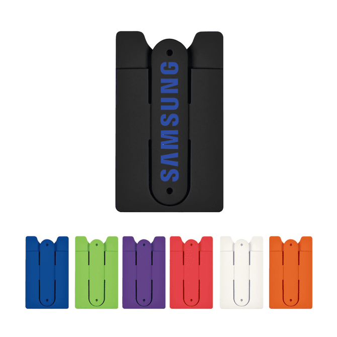 A phone wallet in black with a logo, accompanied by options in green, purple, red, white, and orange.