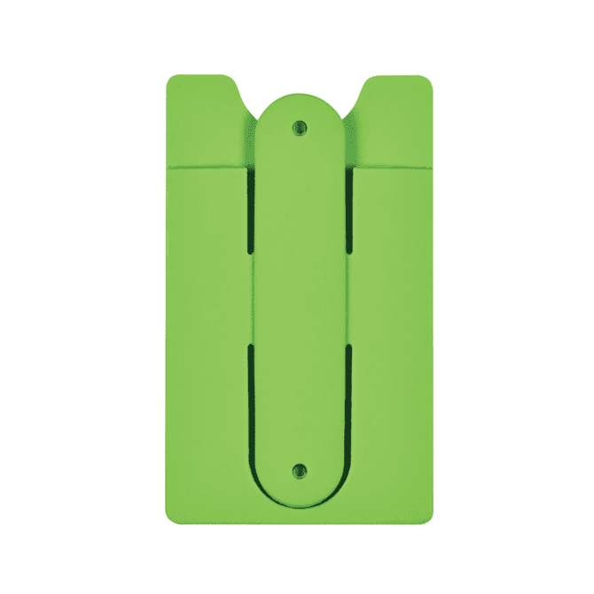 A green phone wallet with a slot and a secure strap on the back, featuring a logo.