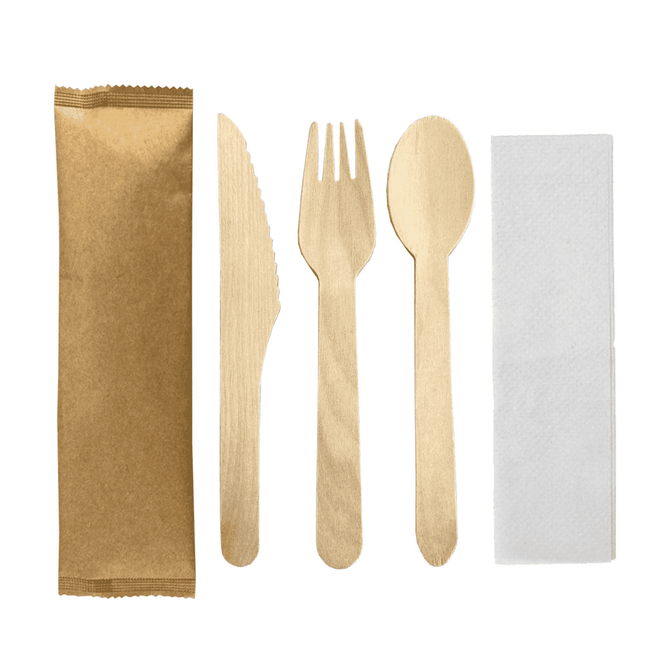 A set of four wooden cutlery pieces in natural wood colour, including a knife, fork, spoon, and a napkin, packaged together.