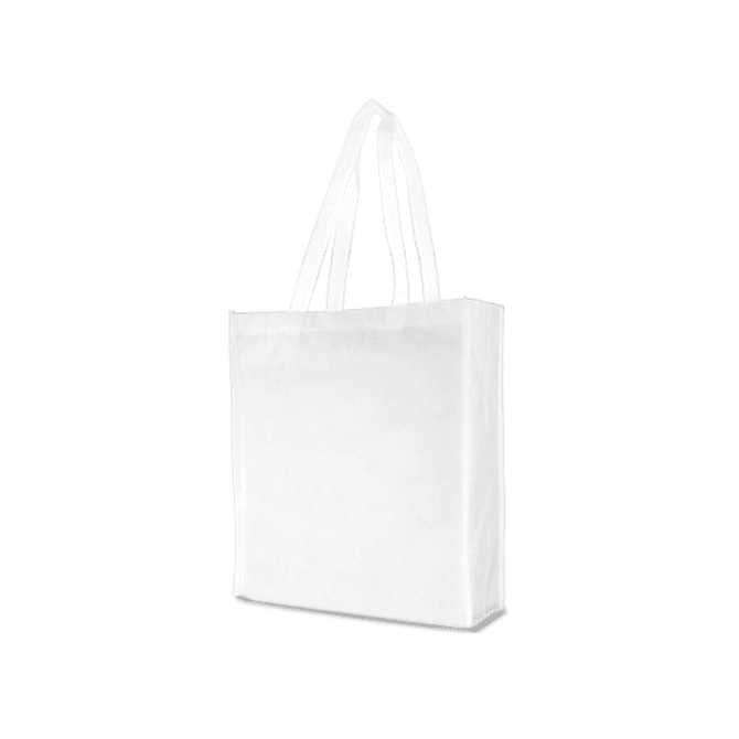 A white tote bag with two handles and a simple design, featuring a logo on one side.