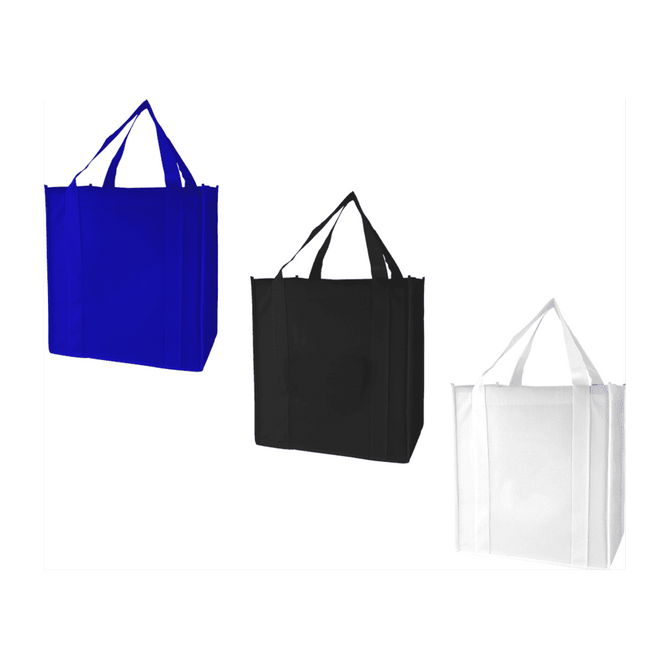 A blue, black, and white Zefa tote bag with dual handles and a simple design. Each bag features branding.