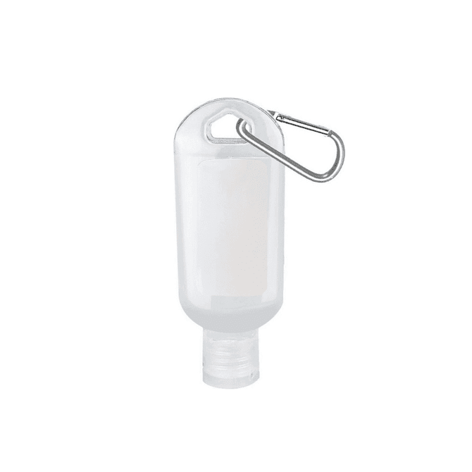 A clear hand sanitiser bottle with a silver carabiner, featuring a screw-on cap and a simple design.