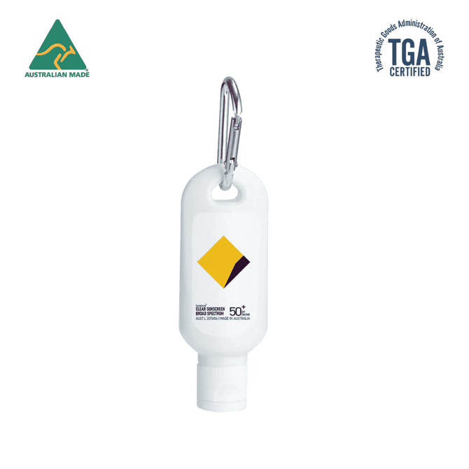 A white sunscreen lotion bottle with a carabiner, featuring a yellow and black logo, holds 30ml of SPF50 protection.