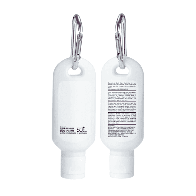 A white 60ml sunscreen lotion bottle with a carabiner, featuring important safety information on the back.
