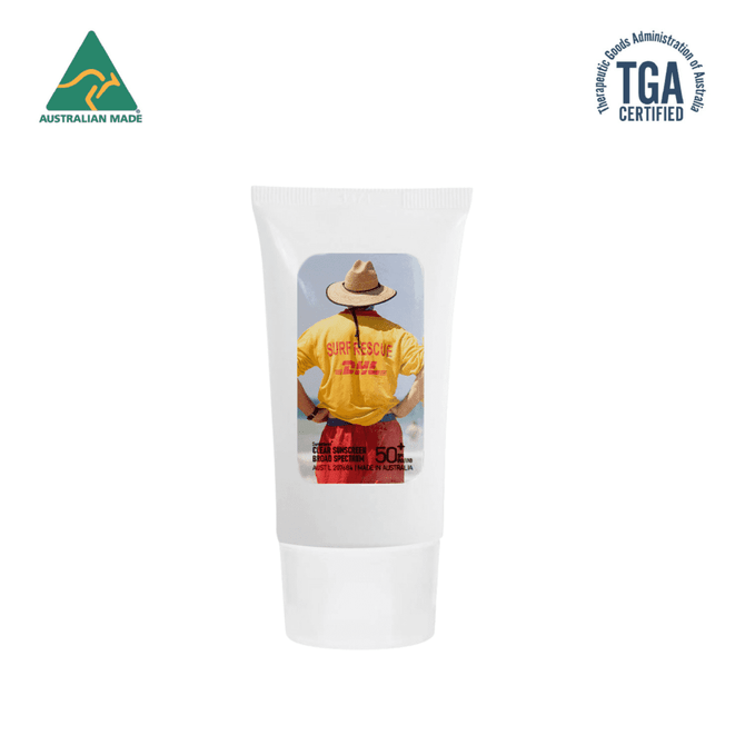 A white tube of 50ml SPF 50 sunscreen lotion featuring an image of a person in a yellow shirt on the front.