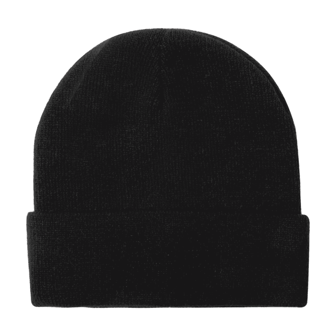 A black acrylic rollup beanie hat with a folded cuff and a plain design.