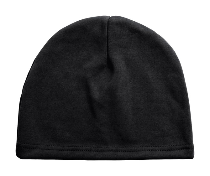 A black fleece beanie hat with a smooth finish and a folded hem, featuring a branding logo.