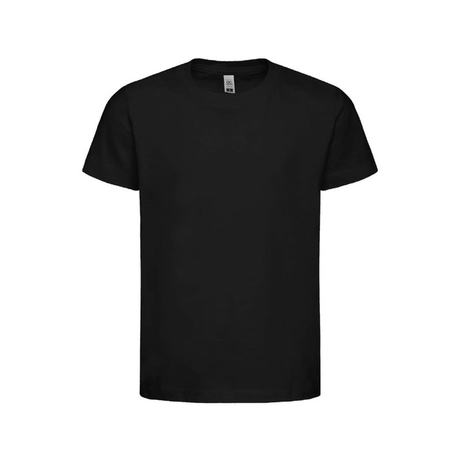 A black t-shirt with a crew neck and short sleeves, featuring a branded label.
