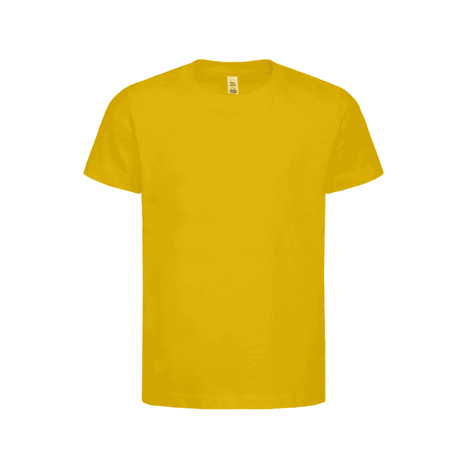 A yellow kids’ t-shirt with short sleeves and a round neck. It features a logo on the front.