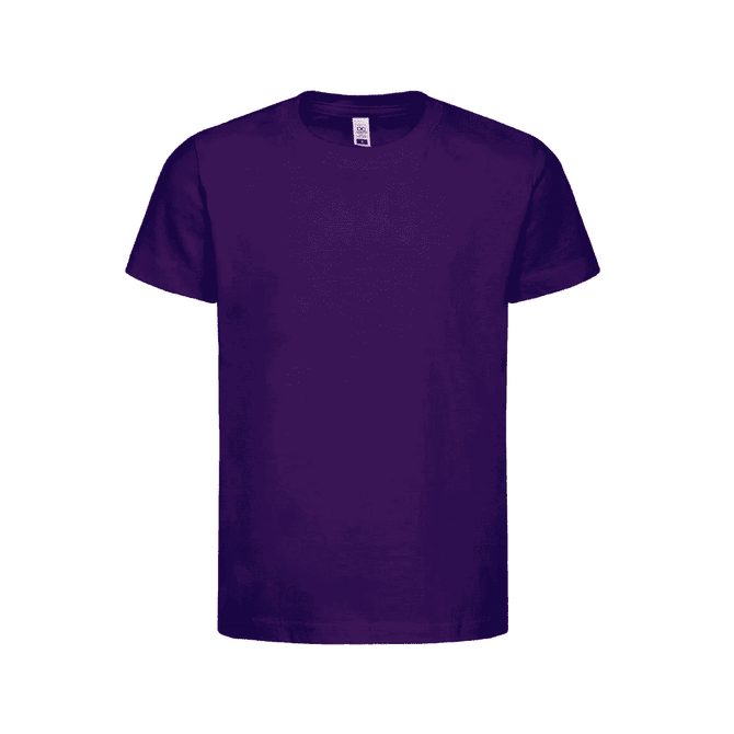 A purple kids' t-shirt with short sleeves and a regular fit, featuring a visible logo on the label.