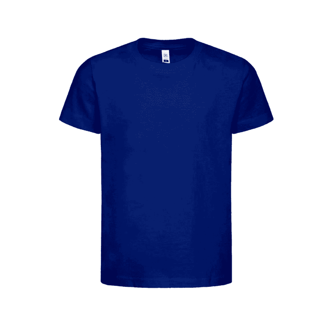 A navy blue kids' t-shirt with short sleeves and a crew neckline. It features a logo on the label.