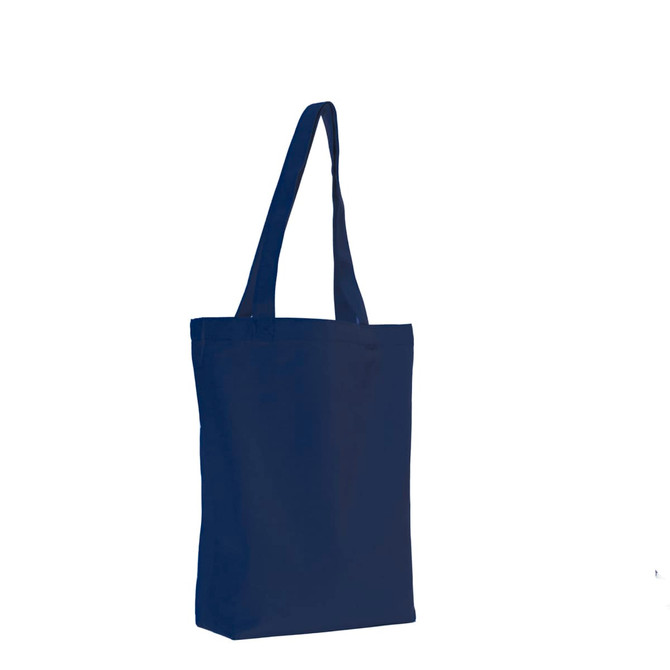 A navy blue canvas tote bag with two shoulder straps and a simple, minimalist design. It has a logo.