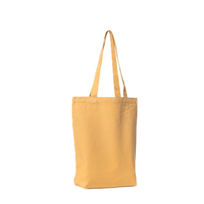 A yellow canvas tote bag with two shoulder straps and a simple design. It features a logo.