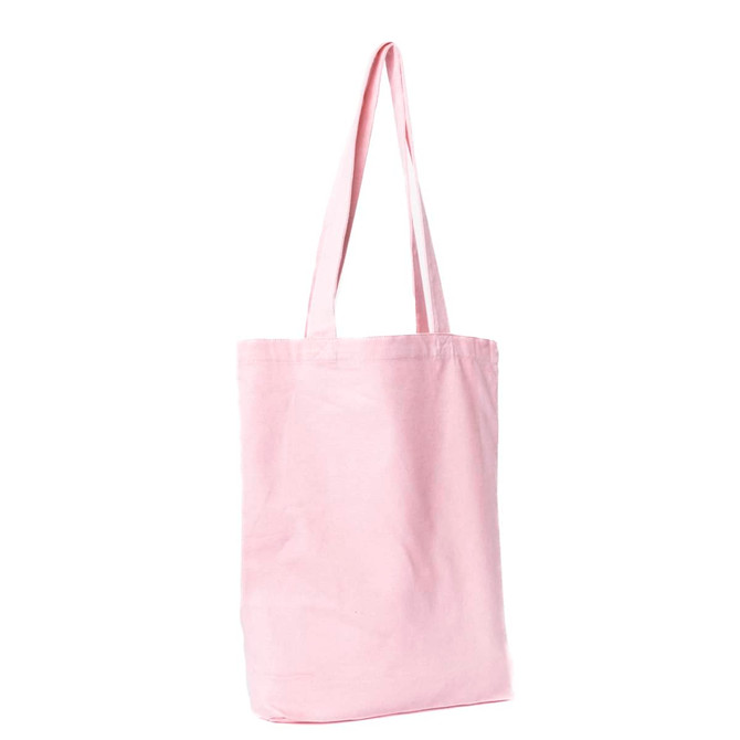 A pink canvas tote bag with long handles and a simple design, featuring a logo.