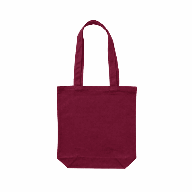 A maroon canvas tote bag with two shoulder straps and a plain design. It features a logo on one side.