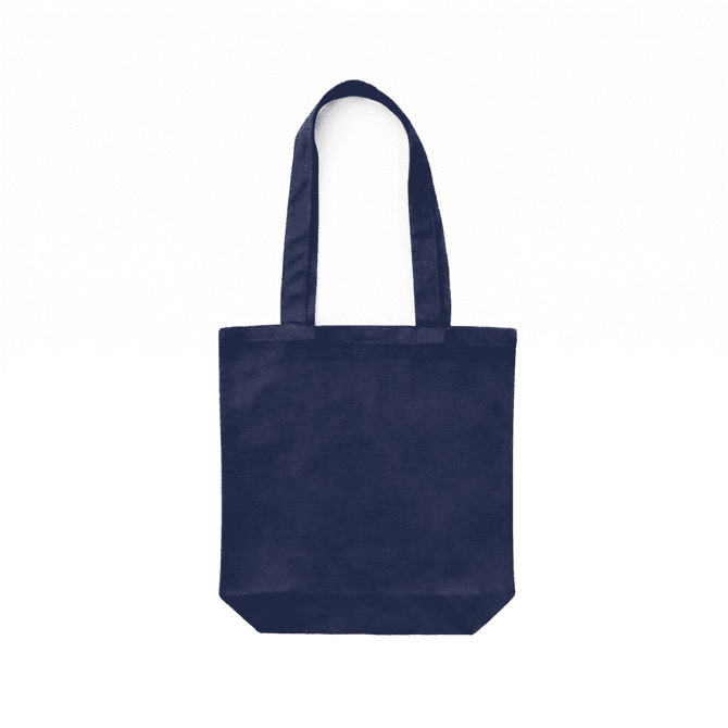 A navy blue canvas tote bag with two handles and a simple design. It features a logo on one side.