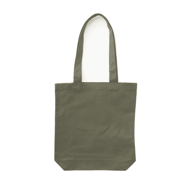 An olive green canvas tote bag with two handles and a simple design. It features a logo on its surface.