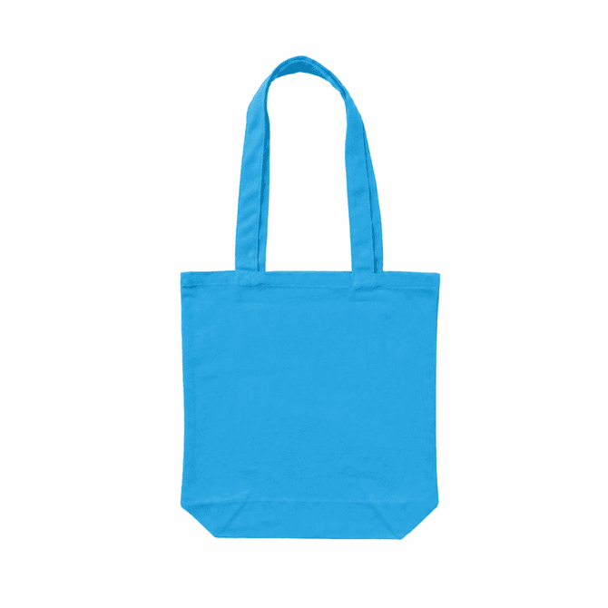 A bright blue canvas tote bag with two shoulder straps and a simple design. It features a logo on one side.