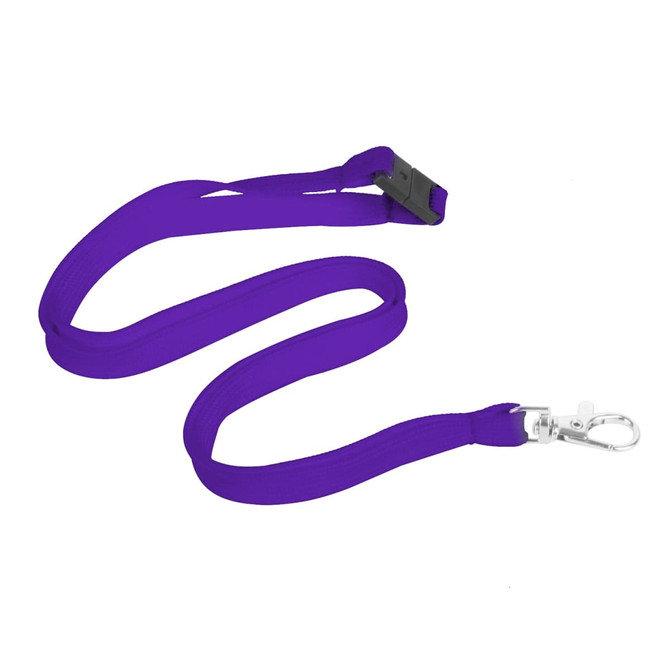 A purple bootlace lanyard, 10mm wide, featuring a swivel clip and a simple design. Includes a branded logo.