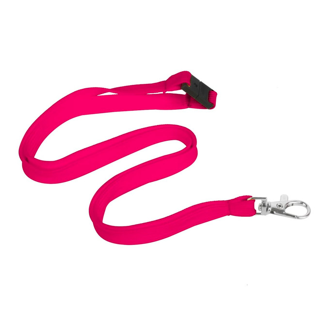 A bright pink bootlace lanyard, 10mm wide, featuring a swivel clip. Ideal for events and exhibitions.