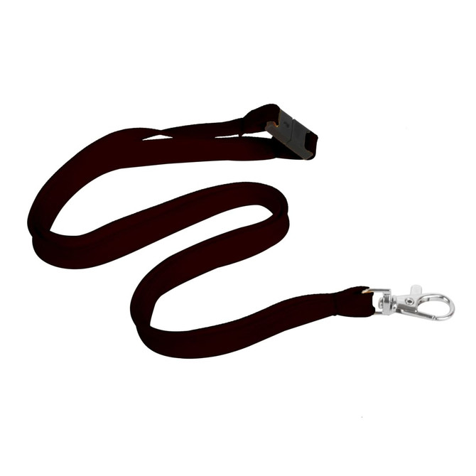 A maroon bootlace lanyard, 10mm wide, featuring a swivel clip and a logo.
