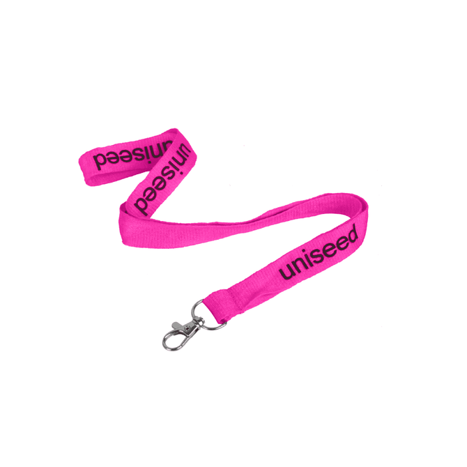 A pink flat ribbed lanyard, 15mm wide, featuring a swivel clip and a logo.