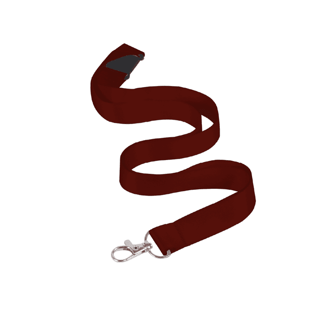 A burgundy nylon lanyard 15mm wide featuring a swivel clip and branding logo. Perfect for events and exhibitions.