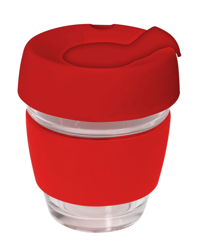 A drink bottle featuring a clear glass body with a vibrant red silicone lid and band. It has a logo on the side.
