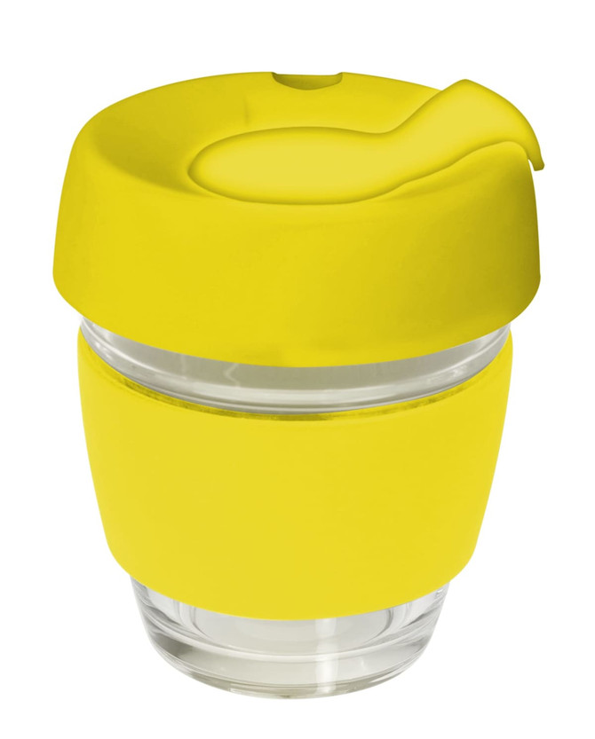 A drink bottle featuring a clear glass body with a bright yellow silicon lid and band. It includes a logo.