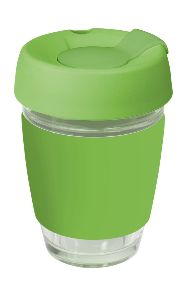 A green reusable coffee cup with a silicone lid and band, featuring a clear glass body and a logo.