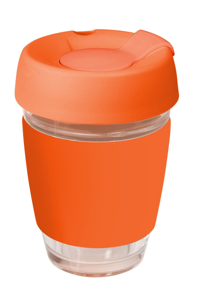 A drink bottle featuring a clear glass body with an orange silicone lid and band.