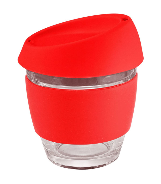 A glass coffee cup with a red silicon lid and band, designed for easy handling and spill prevention.