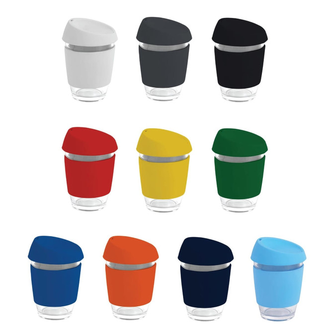 A set of reusable glass coffee cups in various colours, each with a silicon lid and band, featuring a logo.