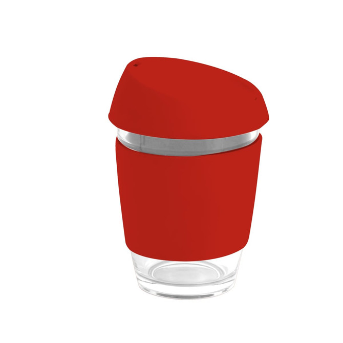 A reusable glass coffee cup with a red silicone lid and band, featuring a transparent glass body.