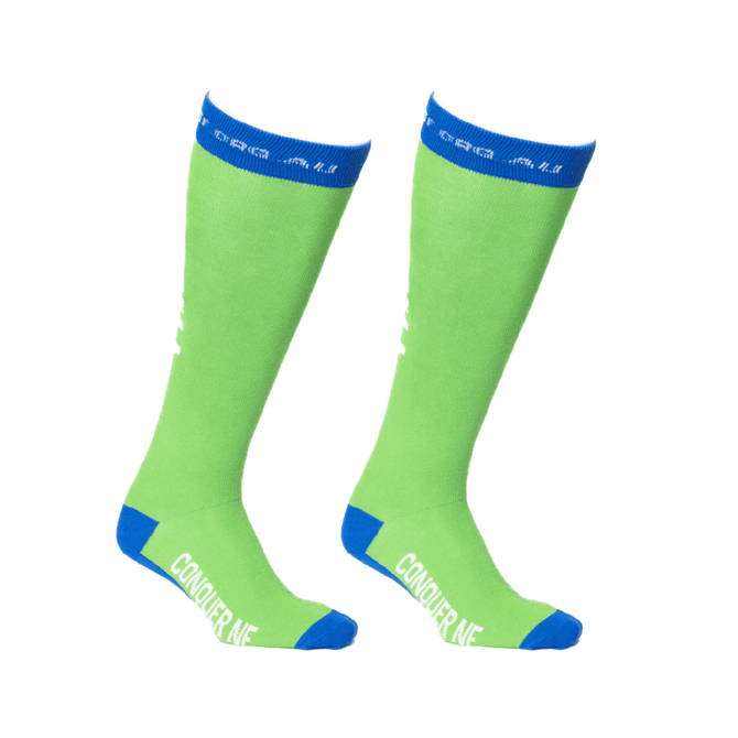 Knee high socks in bright green with blue accents, featuring a logo near the cuff.