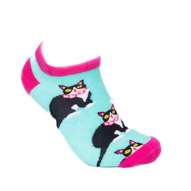 Ankle cut jacquard socks featuring a playful cat design, predominantly in teal with pink accents.