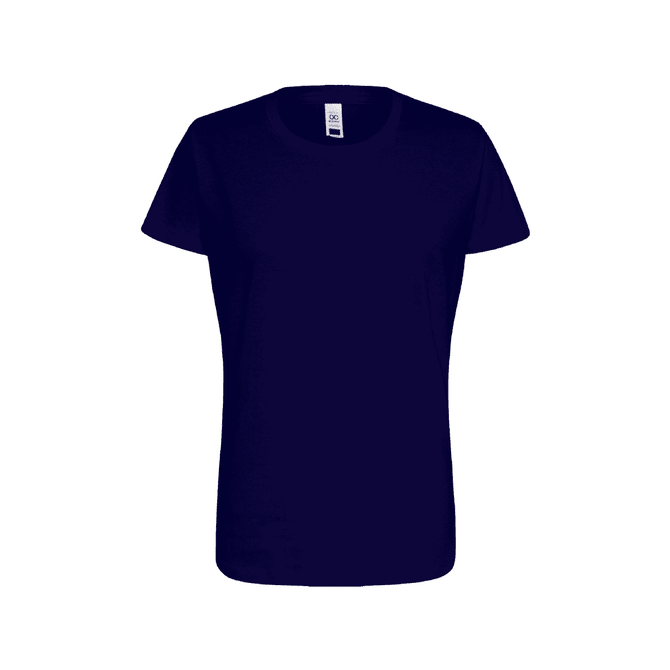 A navy blue women's essential tee with a classic crew neckline and short sleeves, featuring a logo.