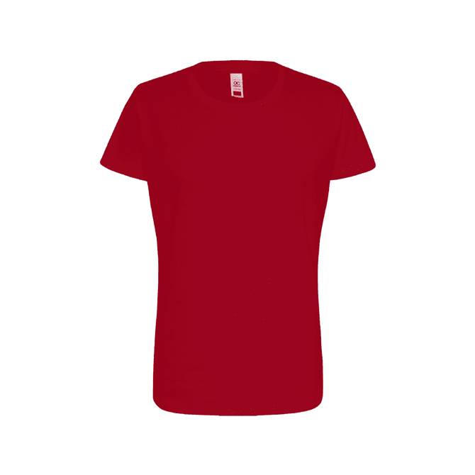 A red women's t-shirt with a round neckline and short sleeves, featuring a logo.