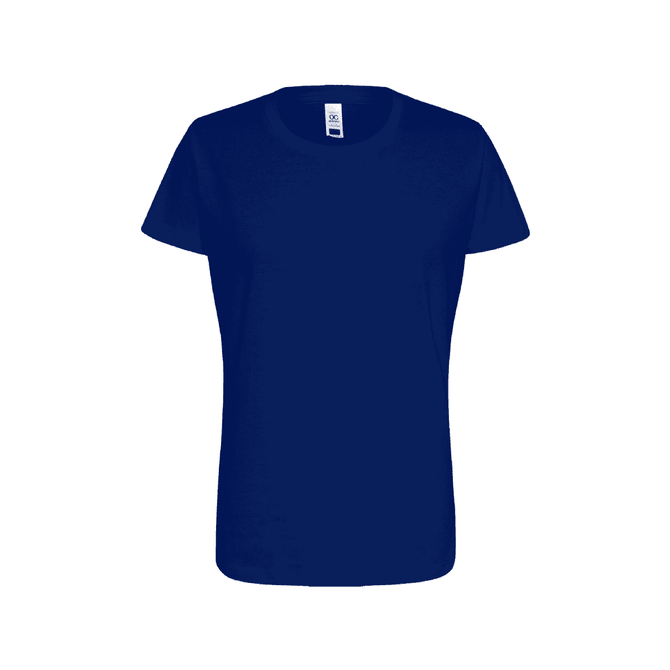 A navy blue women's essential t-shirt with a round neckline and short sleeves. It features a logo.