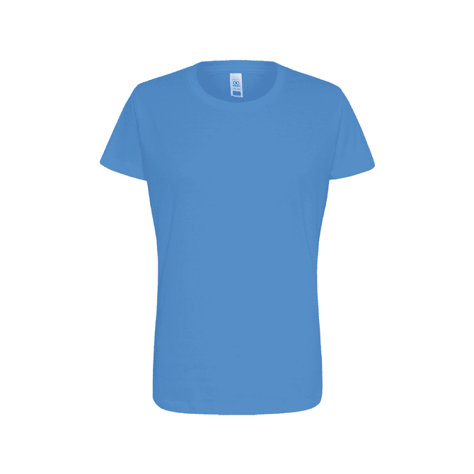 A blue women's essential t-shirt with a round neckline and short sleeves, featuring a logo.