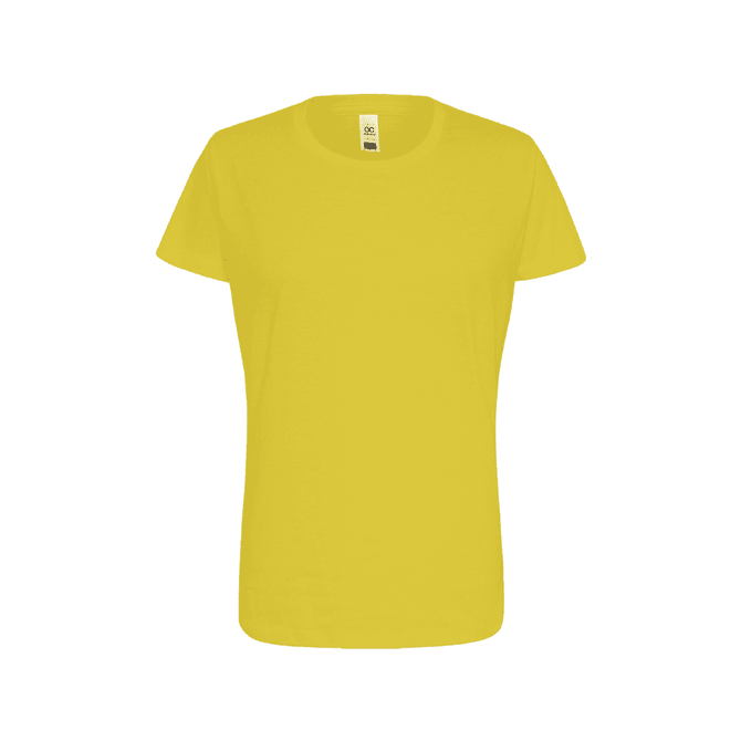 A yellow women's essential t-shirt featuring a classic crew neck and short sleeves, with a logo on the label.