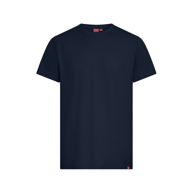 A navy blue T-shirt with a round neck and short sleeves, featuring a branding label.