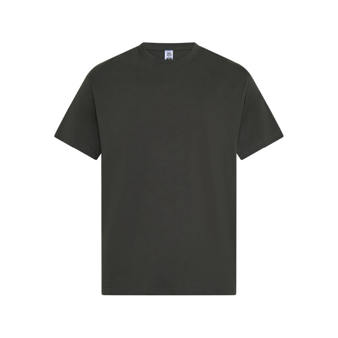 A green men's essential T-shirt with a round neck and short sleeves, featuring a logo.