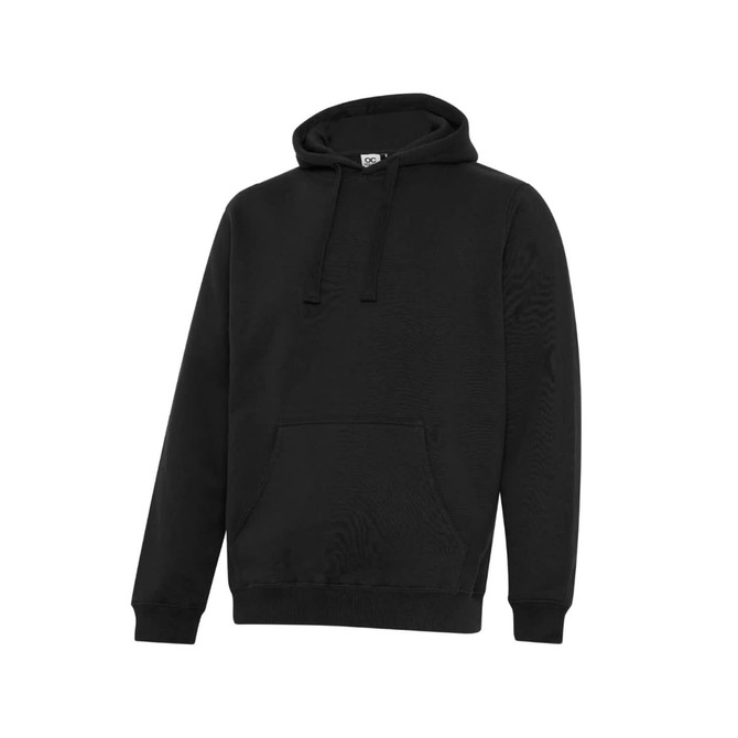A black hoodie with a front pocket and a logo on the chest, featuring a drawstring hood.