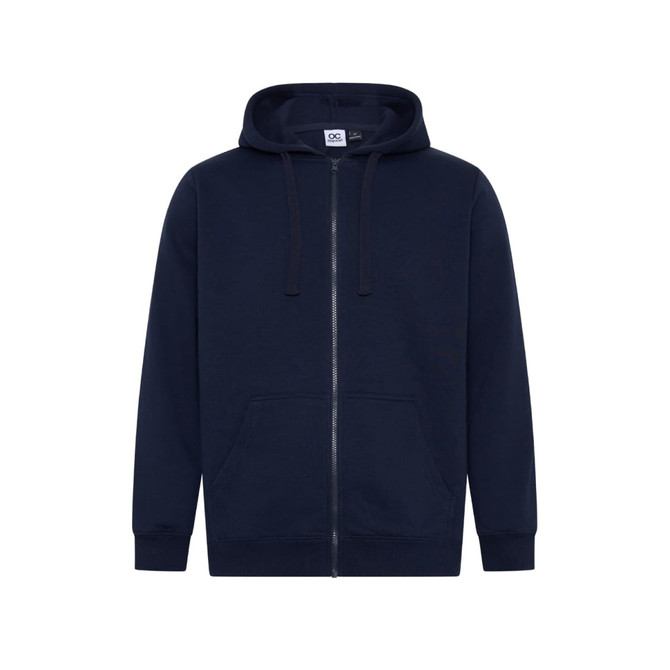 A navy blue full-zip hoodie featuring a hood and front pockets. It has a logo on the label.
